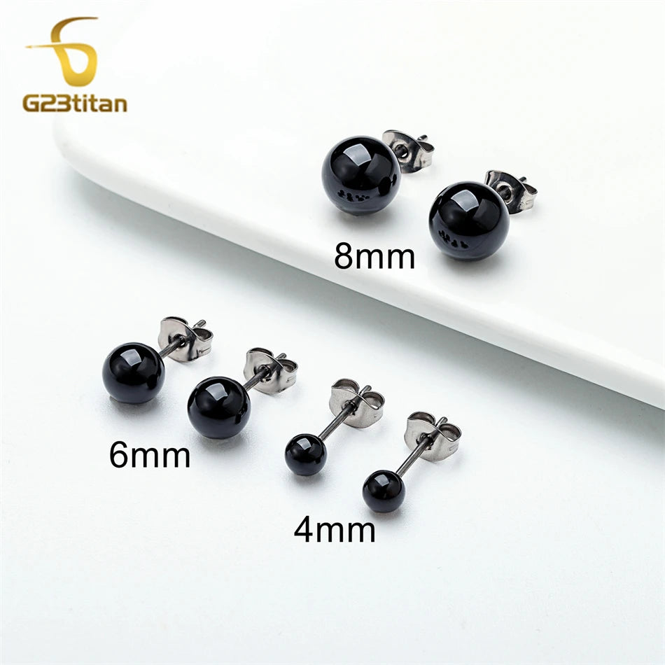 Black Agate Stone Stud Earrings for Women Mens Medical G23 Titanium Piercing Jewelr additional angle