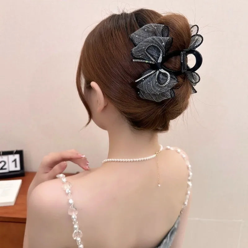 Mesh Bow Rhinestones Hair Clip for Women Elegant Hair Clamp Fashion Girl Ponytail Clip Hair Accessories