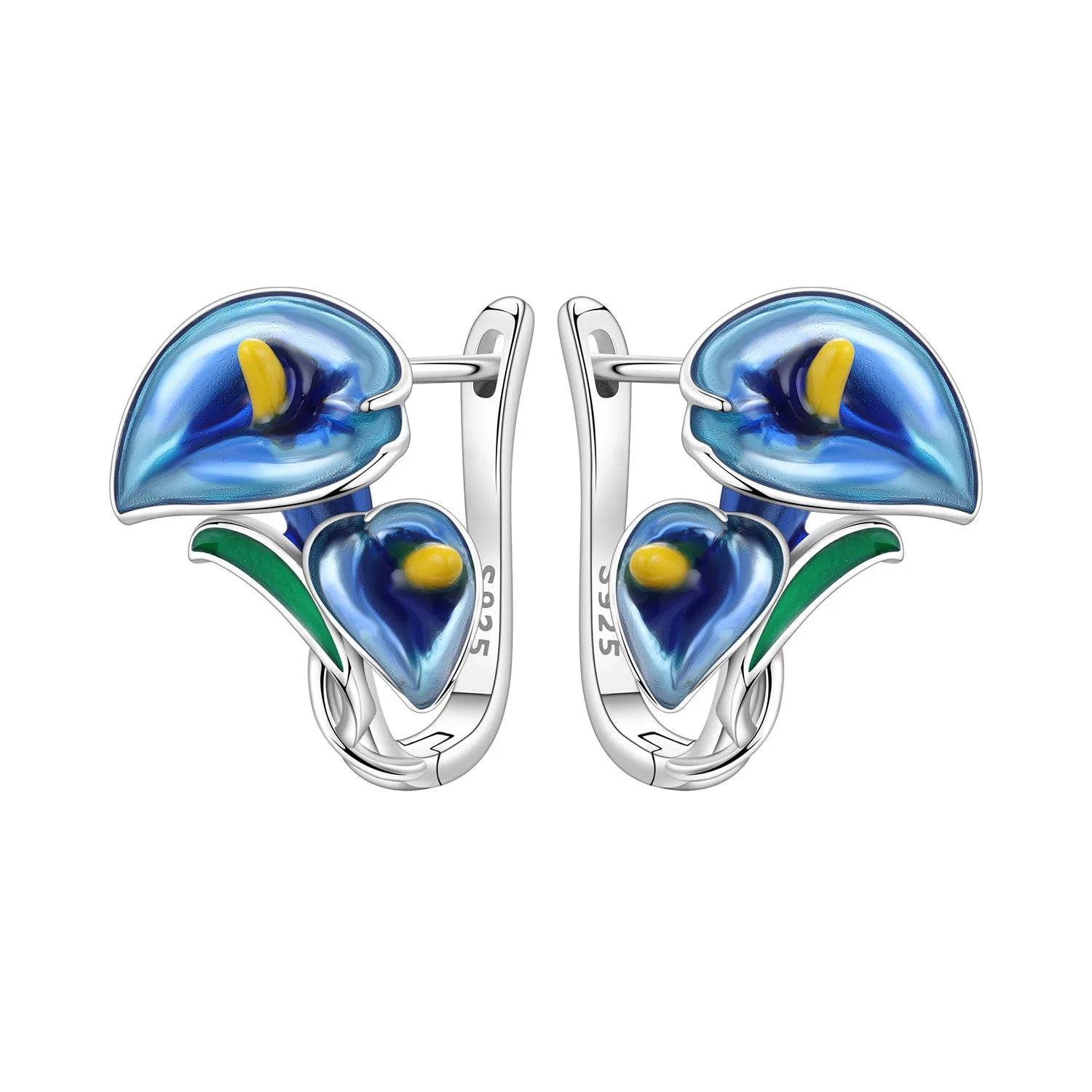 925 Sterling Silver Purple Flowers Plants Leaf Series Blue Iris Flower Earring Hoop E alternate view