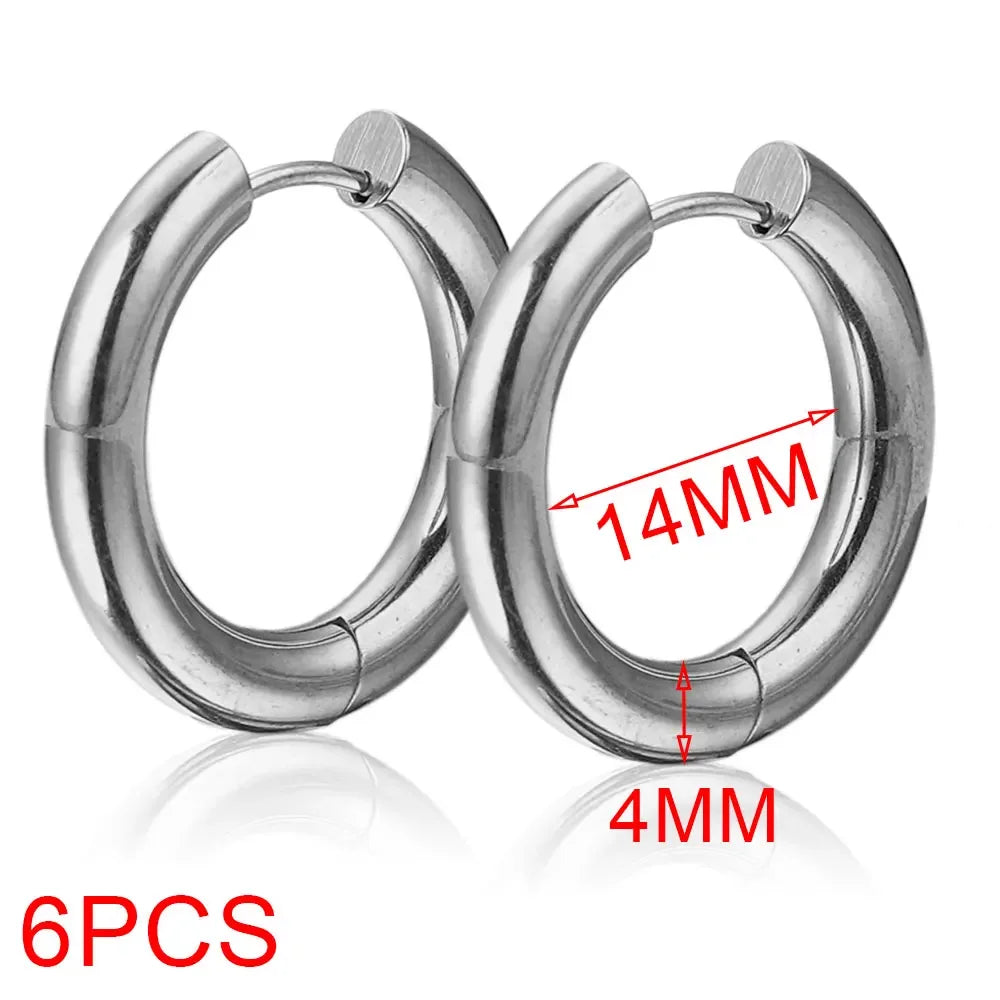 6pcs Stainless Steel 4mm Thick Earrings Gold Plated Large Round Korean Ear Rings Ho additional angle