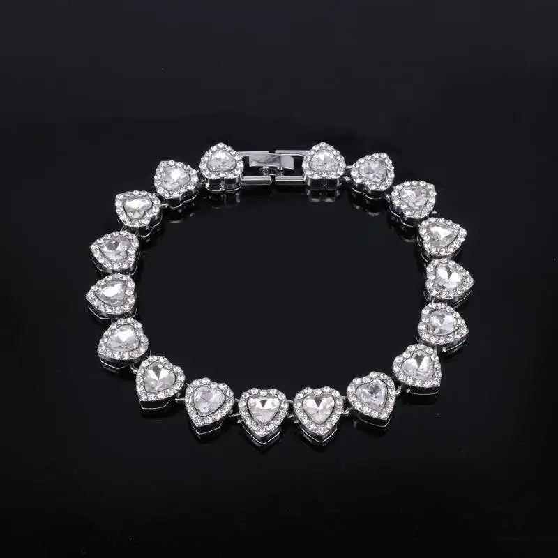 Shiny Heart Rhinestone Hip Hop Chain Necklace and Bracelet Set | Hip Hop Jewelry alternate view