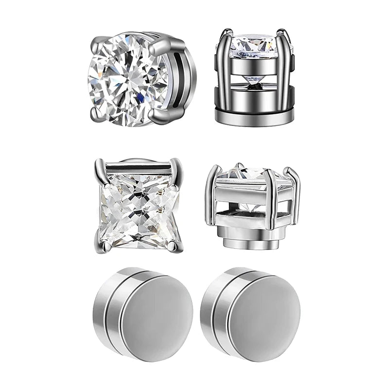 3 Pairs Punk Round Zircon Magnet Earrings Crystal Strong Magnetic Ear Stud Clip Earri alternate view