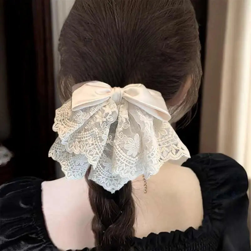 [E] French Elegant Ballet Style Lace Satin Bow Ponytail Hair Clip, Gentle And Sweet Shark Clip Hair Ornament On The Back Of Head