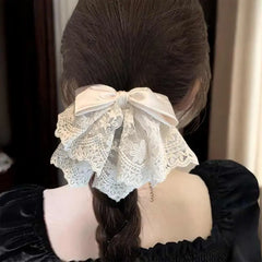 [E] French Elegant Ballet Style Lace Satin Bow Ponytail Hair Clip, Gentle And Sweet Shark Clip Hair Ornament On The Back Of Head