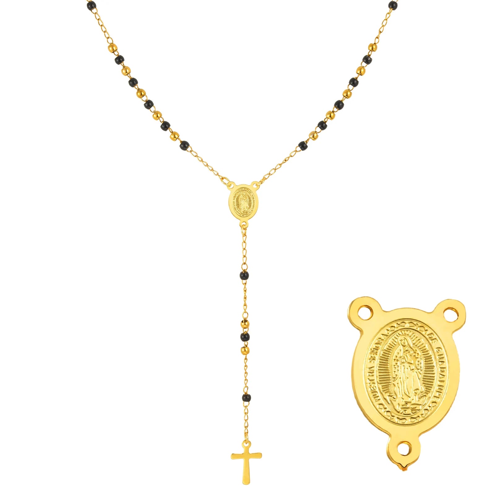 Colored Bead Y-Shaped Cross Necklace | Stainless Steel Catholic Rosary Jewelry for Wom close-up view
