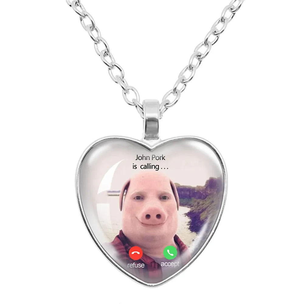 John Pork is Calling Answer Call Phone Humor Funny Pig Lover Graphic Glass Cabochon Heart-Shape Pendant Necklace Jewelry Gift