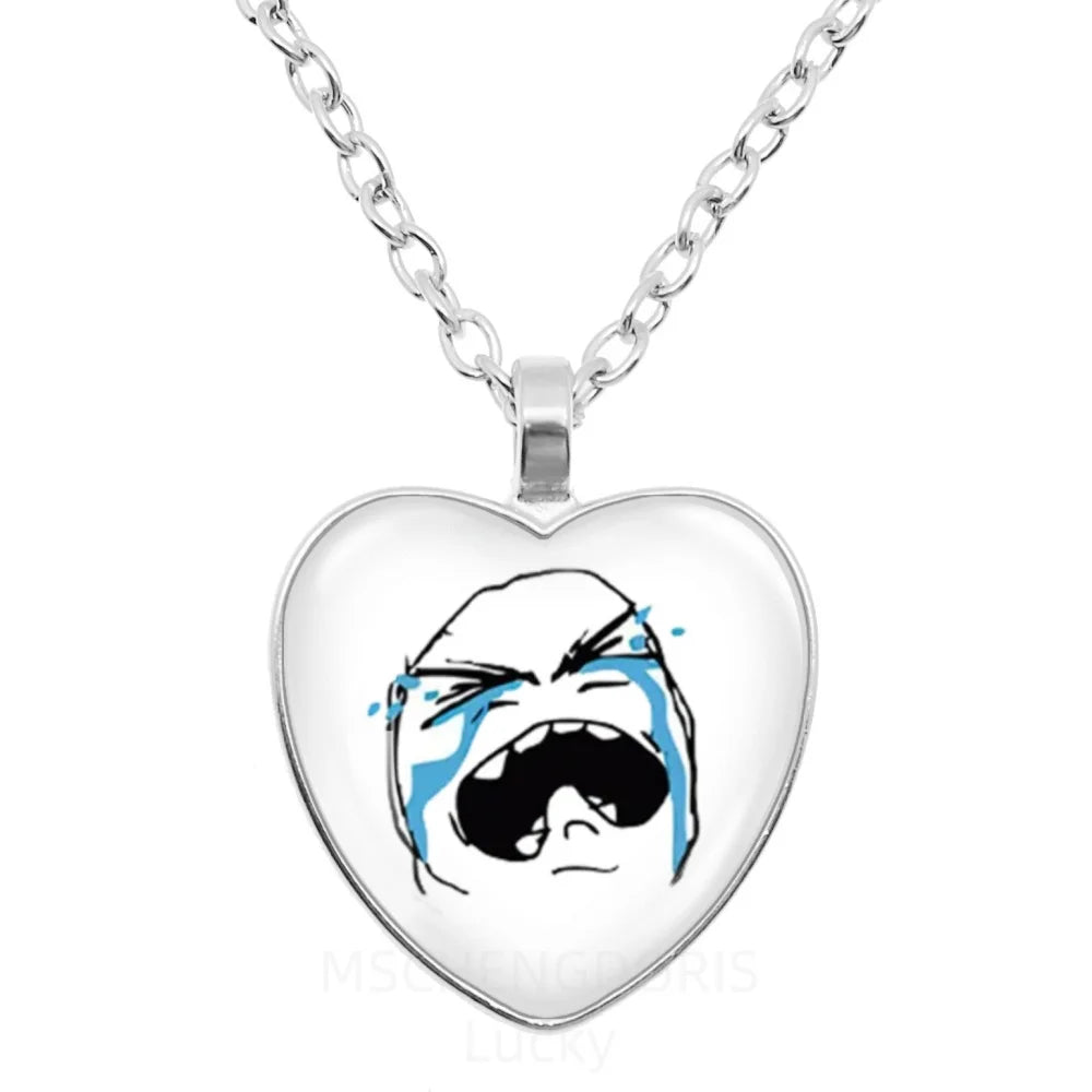 Rage Comic Necklace Derp Face Trollface Funny Meme Cartoon Glass Heart Shape Pendant Cha detail view