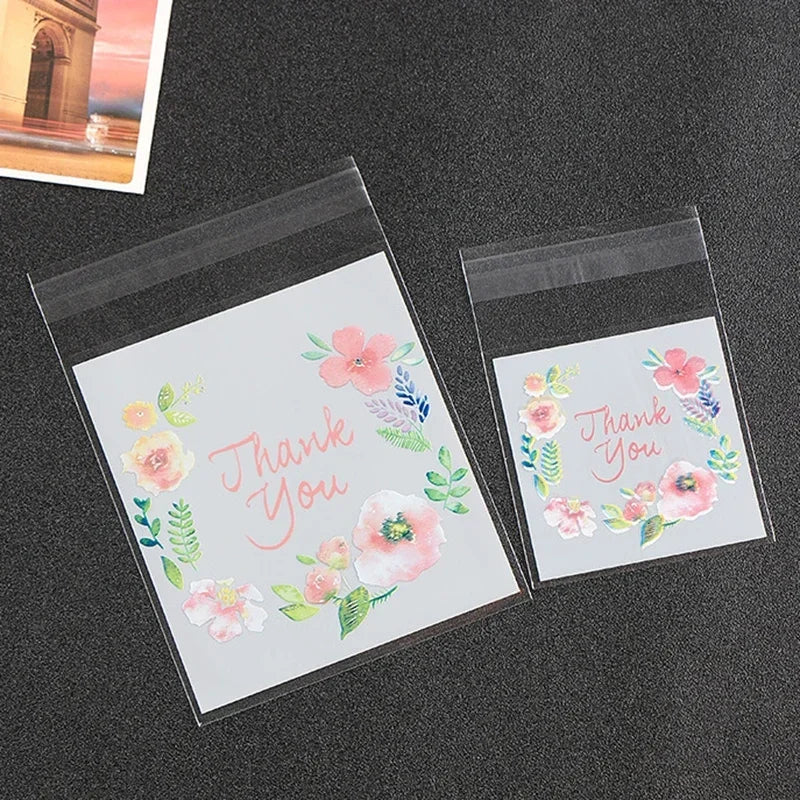 100pcs/lot Plastic Bags Thank you Flower Self-Adhesive Bags for Homemade Cookie Party alternate view