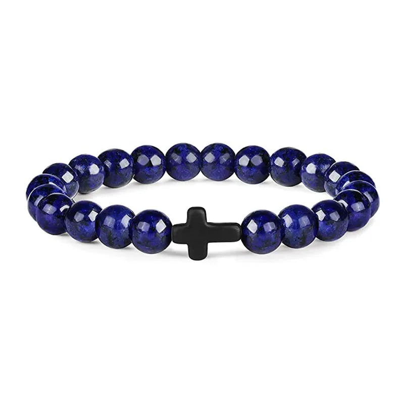 Prayer Men Natural Stone Wood Beads Rosary Hematite Cross Bracelets Onyx Meditation Br close-up view