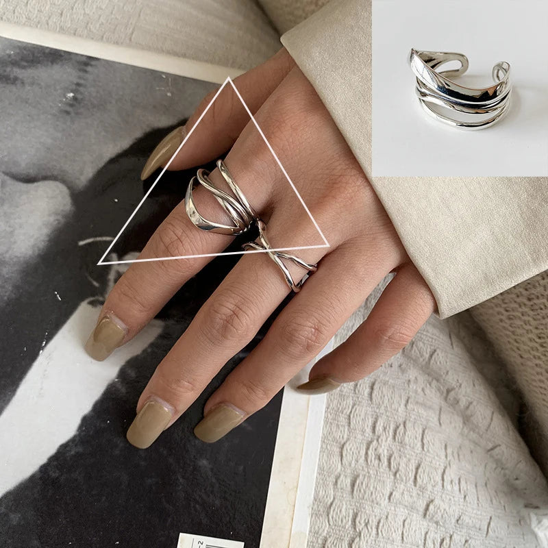 VENTFILLE 925 Sterling Silver Rings INS Fashion Hip Hop Vintage Couples Hollow Lines alternate view