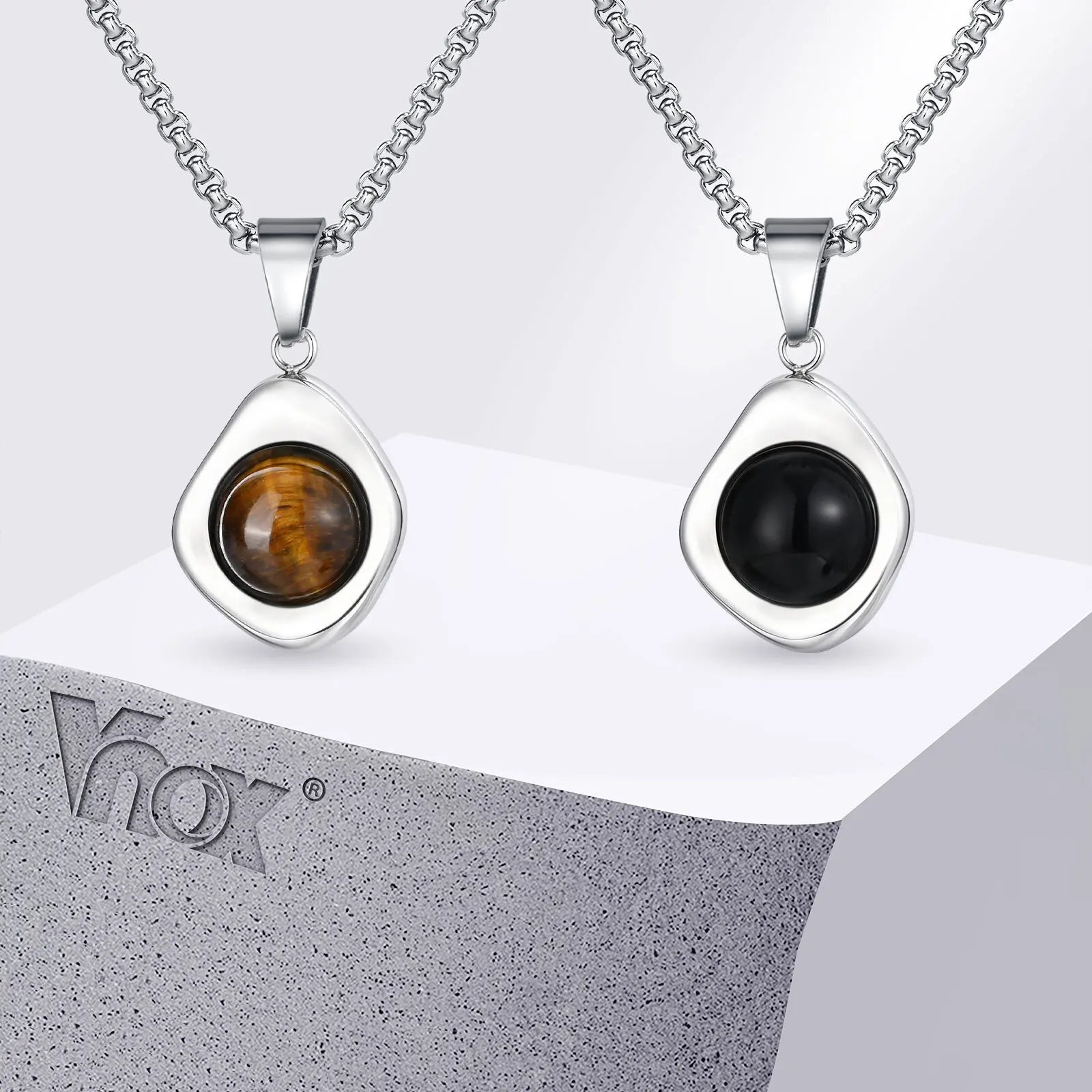Vnox Tiger Eye Stone Irregular Pendant Neckalce for Men, Waterproof Stainless Steel Natural Stone Ne