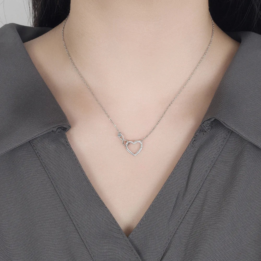925 Sterling Silver Zircon Heart Interlocking Necklace | Retro Chain for Women close-up view