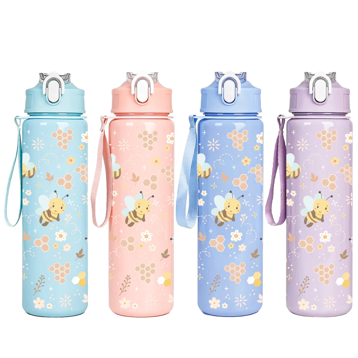 Sweet Honeycomb Bee Pattern Reusable Plastic Water Bottle, Lightweight Leakproof Flip Top Cup for Ki