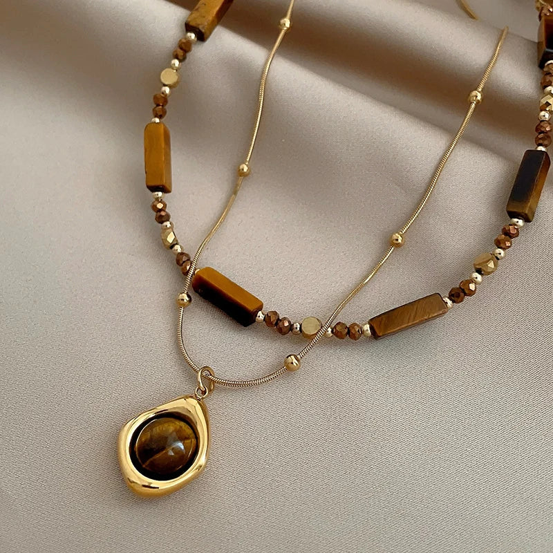Retro Temperament Layered Tiger Eye Stone Pendant Necklace For Women Stainless Steel Dou detail view
