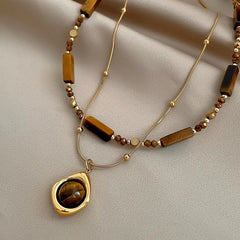Retro Temperament Layered Tiger Eye Stone Pendant Necklace For Women Stainless Steel Dou detail view