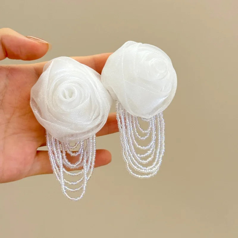Fairy Mesh Rose Drop Earrings | Handmade Boho Tassel Jewelry close-up view