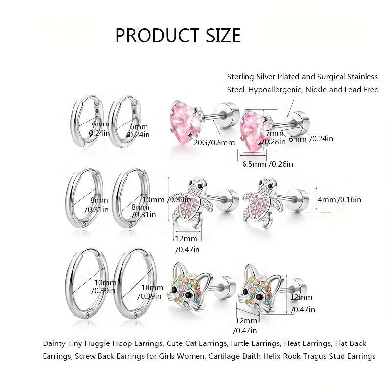 1/6 Pairs Hypoallergenic Screw Back Earrings, Flat Back Earrings Hoops Cat Turtle Cartil detail view