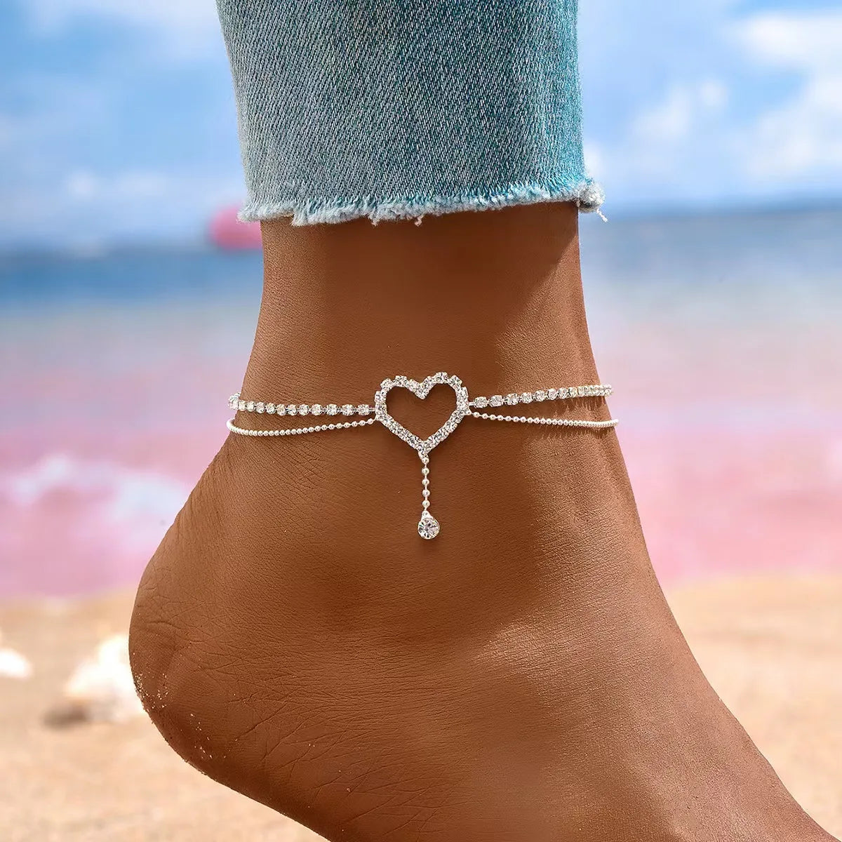 Shiny Bling Heart Drop Tassel Charm Double Layer Anklet Women Beach Foot Chain Vacation Jewelry Summ