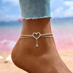 Shiny Bling Heart Drop Tassel Charm Double Layer Anklet Women Beach Foot Chain Vacation Jewelry Summ