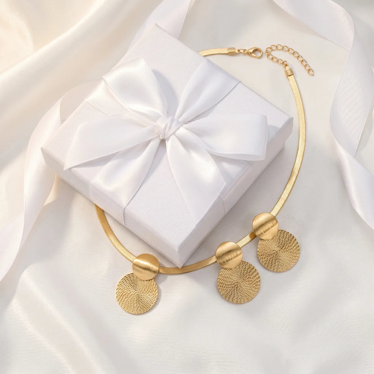 Minimalist Gold Color Herringbone Choker & Earring Set Brushed Textured Double Disc Je close-up view