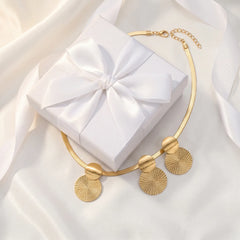 Minimalist Gold Color Herringbone Choker & Earring Set Brushed Textured Double Disc Je close-up view