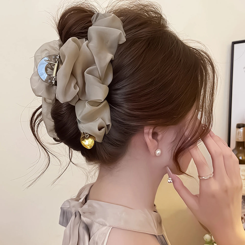 Gentle Large Hair Claw For Women Trendy Elegant Pleated Mesh Shark Gripper Korean Sty lifestyle view