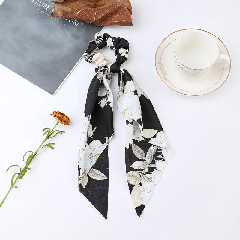 Fashion Flower Print Bow Satin Long Ribbon Ponytail Scarf Tie Scrunchies Women Girls alternate view