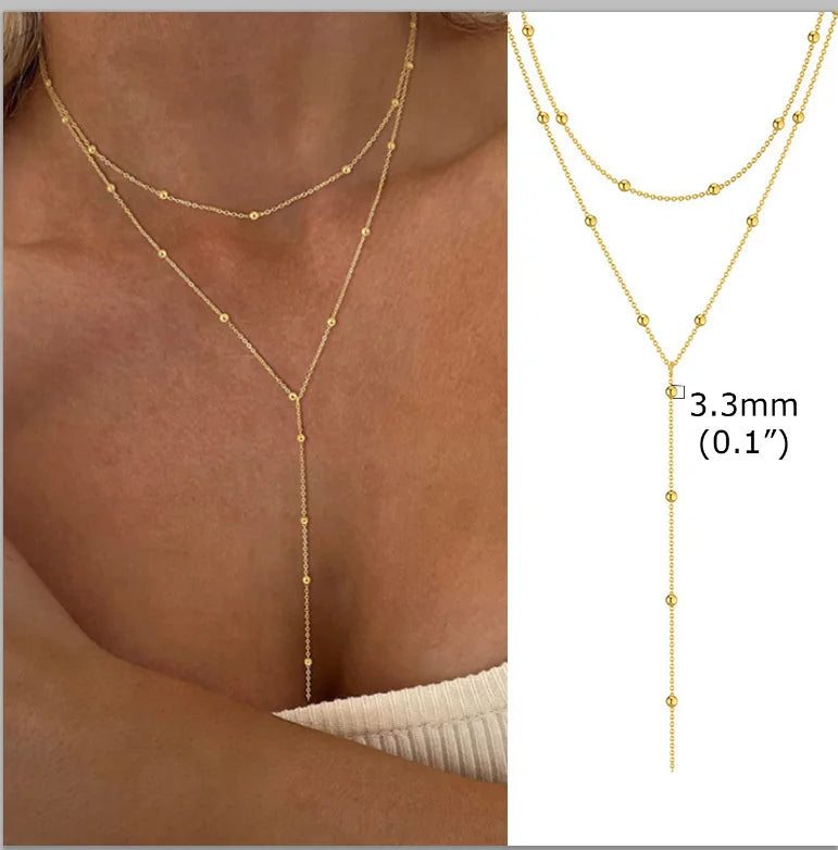 Beaded Long Chain Y Shape Necklace For Women, Minimalist Drop Bar Pendant Choker Necklac detail view