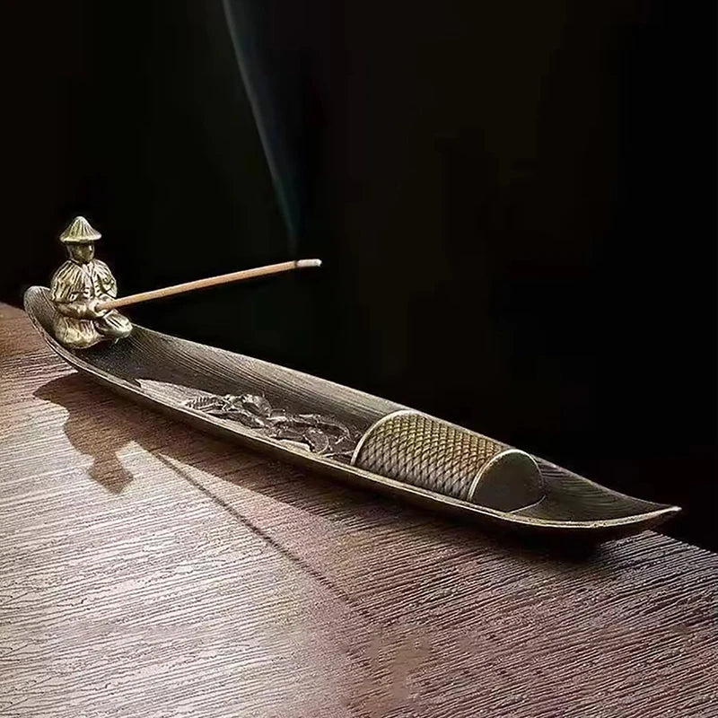 Fishing Old Man Incense Burner | Decorative Metal Boat Incense Holder additional angle