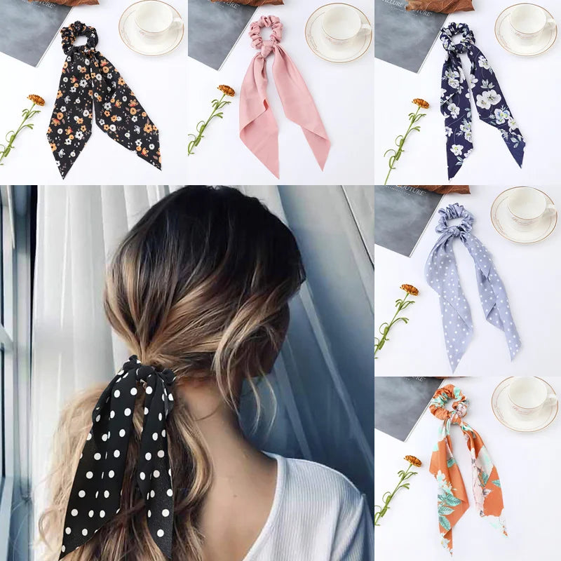 Fashion Flower Print Bow Satin Long Ribbon Ponytail Scarf Tie Scrunchies Women Girl additional angle