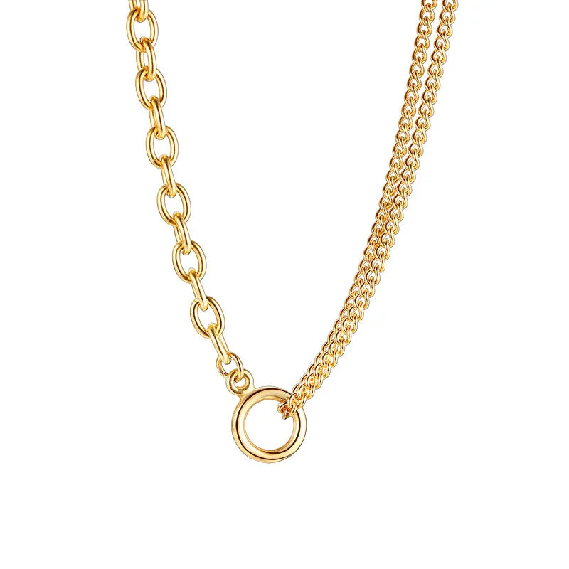 Oval Cable Link With Double Cuban Chain Necklace | Stainless Steel Fashion Open Circl alternate view