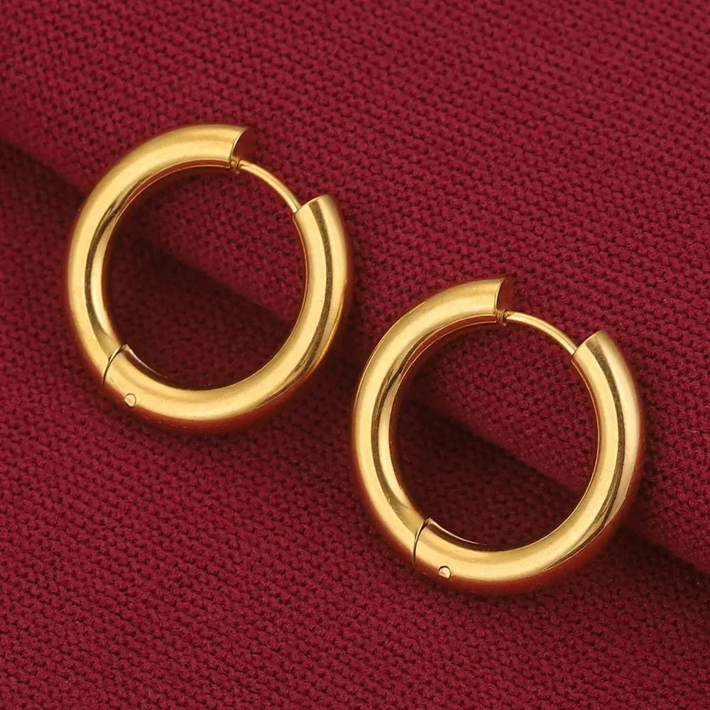 6pcs Stainless Steel 4mm Thick Earrings Gold Plated Large Round Korean Ear Rings Hoop lifestyle view