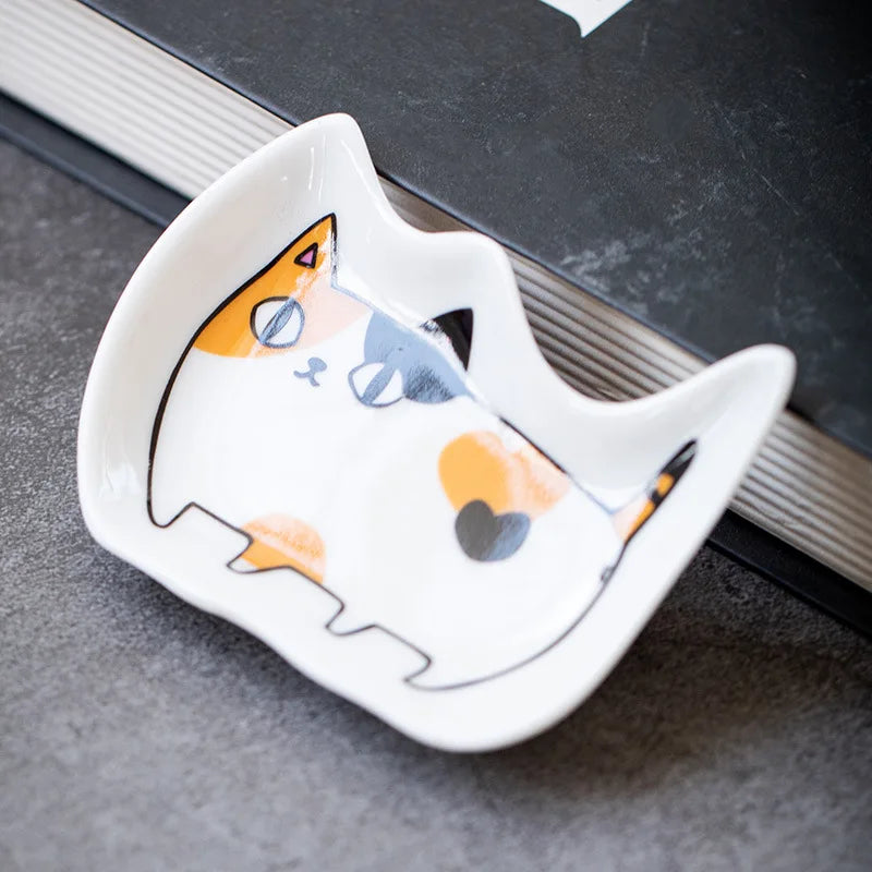 Japanese Ceramic Cat Incense Tray and Sauce Dish | Cute Animal Seasoning Plate for Kitch detail view