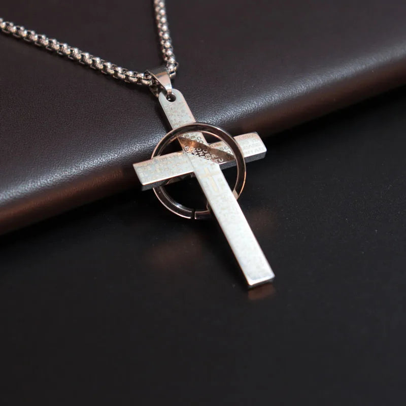 Simple Cross With Circle Pendant Necklace | Stainless Steel Christ Cruz Chain for Men an detail view