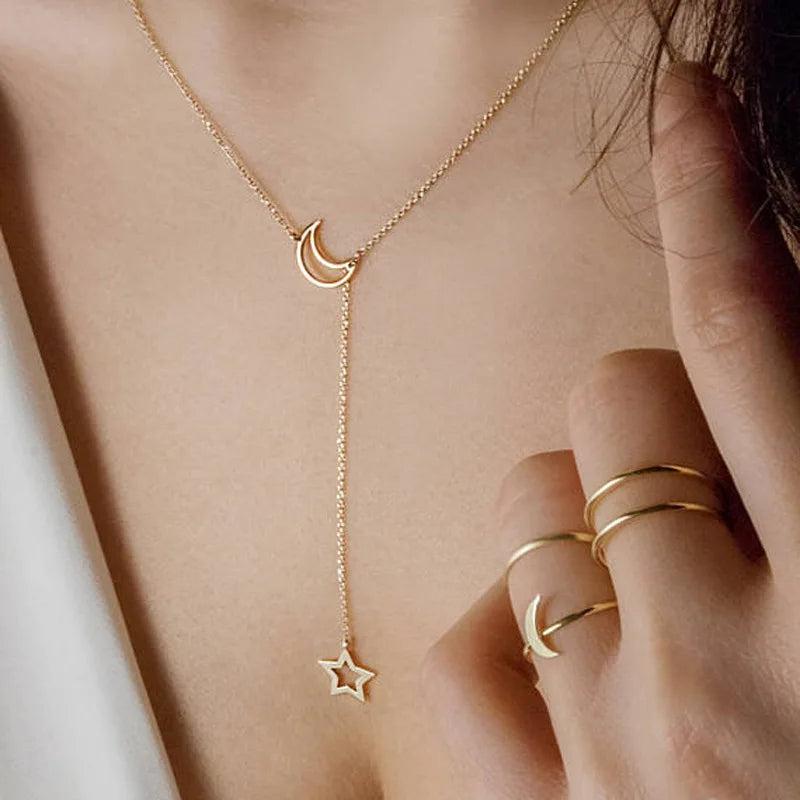 New Simple Moon Star Pendant Choker Necklace Simple Gold Color Alloy Charm Chain Coll alternate view