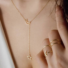 New Simple Moon Star Pendant Choker Necklace Simple Gold Color Alloy Charm Chain Coll alternate view