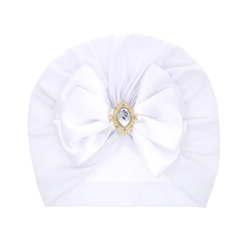 Solid Color Baby Turban Bow Beanie with Rhinestone | Handmade Infant Cap for Girls 0-2 close-up view