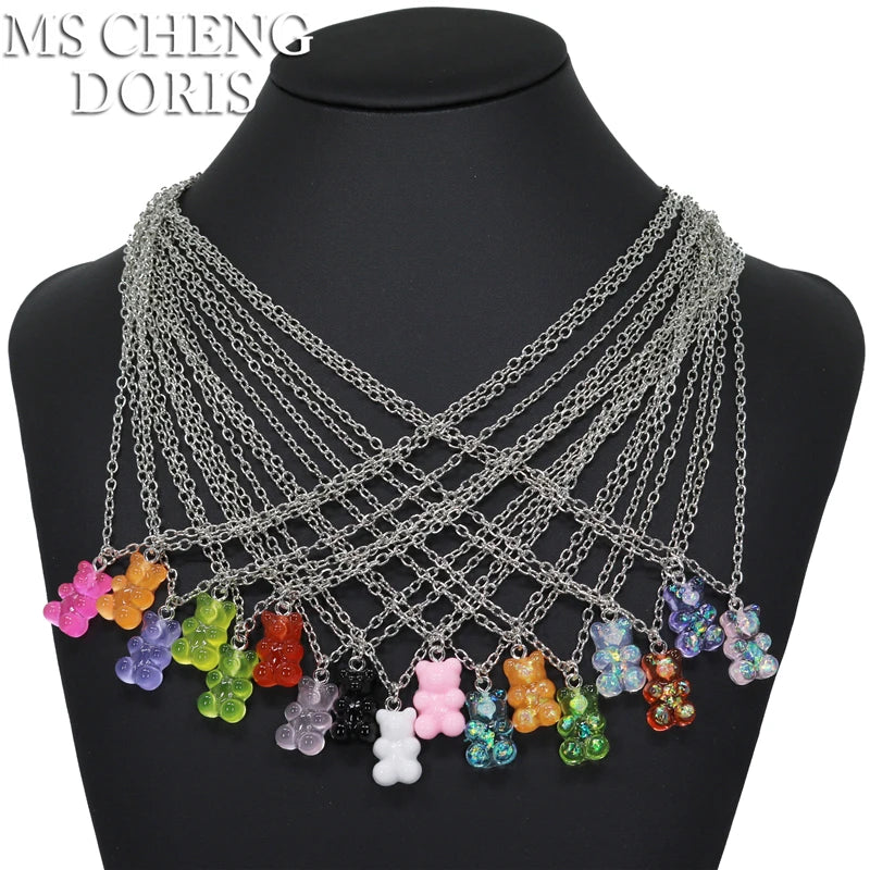 Handmade 33 Styles Colors Cute Resin Gummy Bear Chain Necklaces, Candy Color Pendant For Women&Girl
