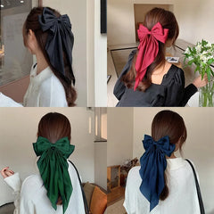 Korean Accessories Hair Clips for Women Girls Big Bowknot Solid Satin Long Ribbon Bows close-up view