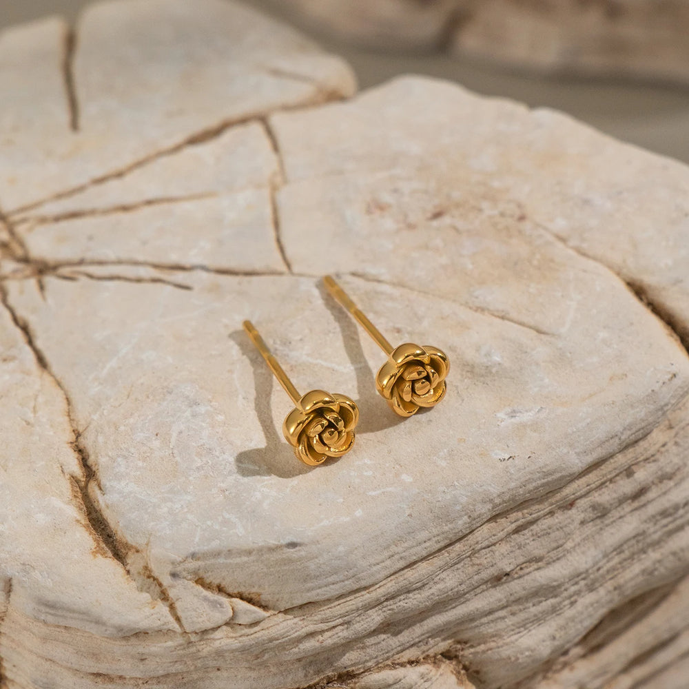 Rose Flower Stud Earrings | 18K Gold Plated Stainless Steel Daily Jewelry for Women additional angle