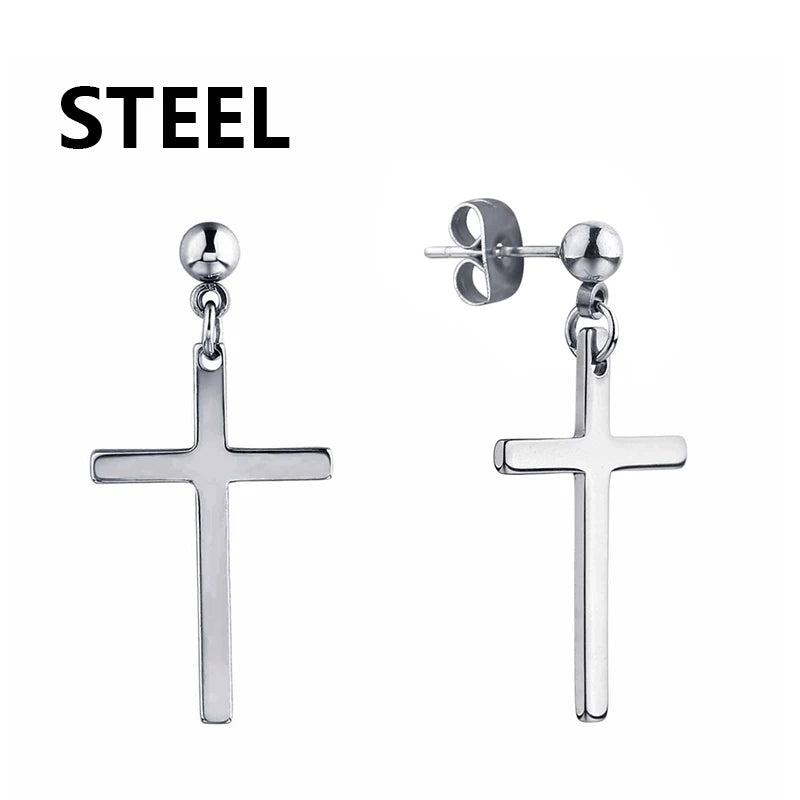 2pc Stainless Steel Men Cross Stars Punk Dangle Earrings Gothic Woman Cross Ear Hoop alternate view