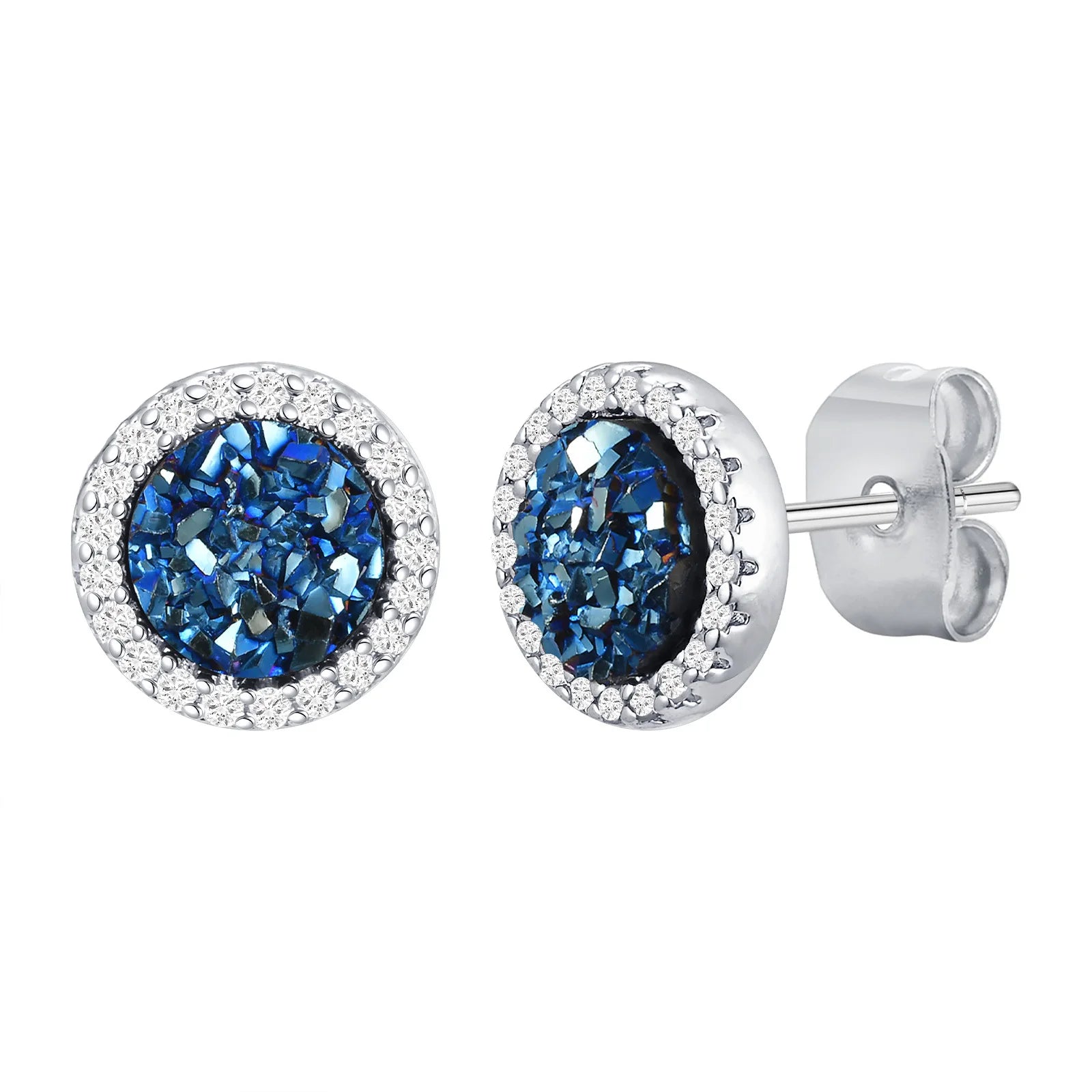 Vnox Black Crystal Round Circle Earrings for Men, Full Blue CZ Stone Ring Stud Earrin alternate view