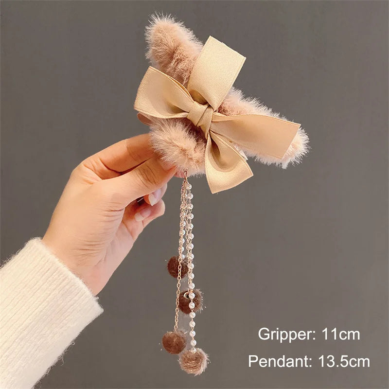 New Fashion Women Soft Plush Bow Pearl Tassel Hair Claw Clips Elegant Hair Clips Headwear