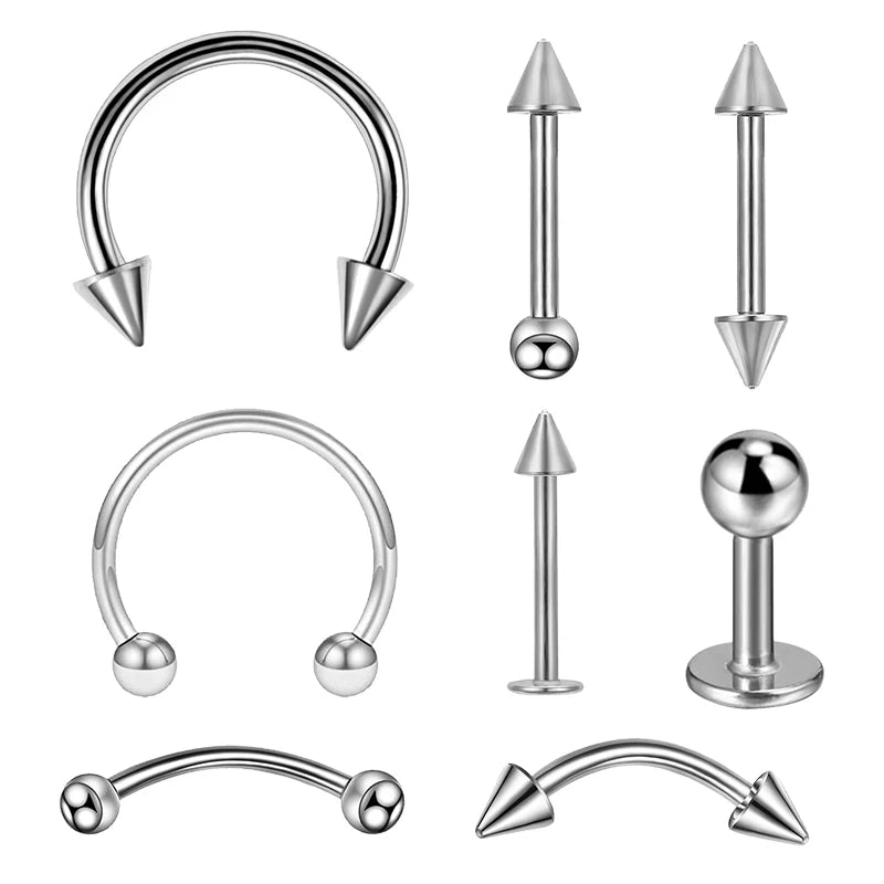 8PCS/Set Fashion Piercing Set Eyebrow Bar Lip Tongue Nose Pircing Stainless Steel Ear close-up view