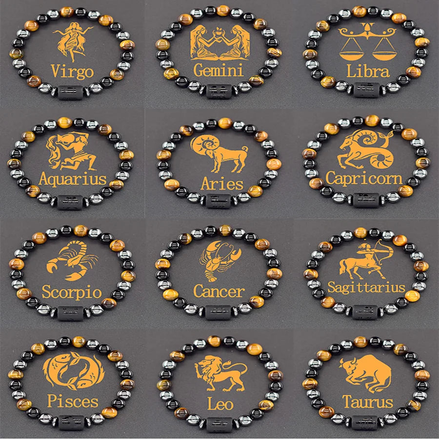 12 Zodiac Sign Bracelet Homme Constellation Bangle Natural Yellow Tiger Eye Stone Hem lifestyle view