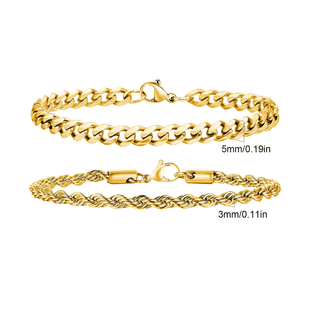 Men's Stainless Steel Chain Bracelets Set | 2pcs Silver Gold Black Twist Rope & Cuban Li detail view