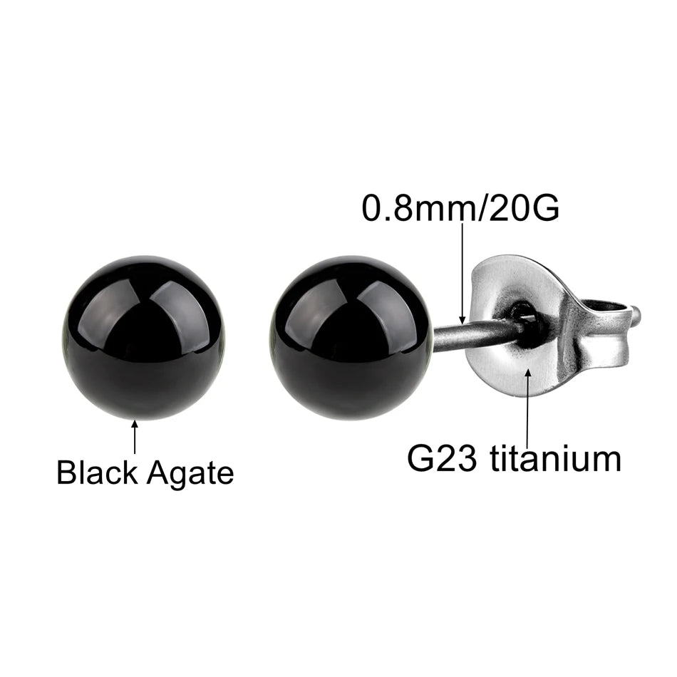 Black Agate Stone Stud Earrings for Women Mens Medical G23 Titanium Piercing Jewelry Sim detail view