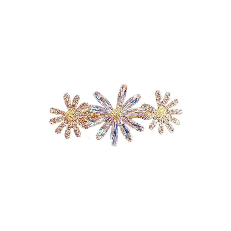 Korean Style Crystal Daisy Flower Hair Clip Spring Clip High-end Women's Back of Head Half-tied Hairpin Alloy Hair Accessories