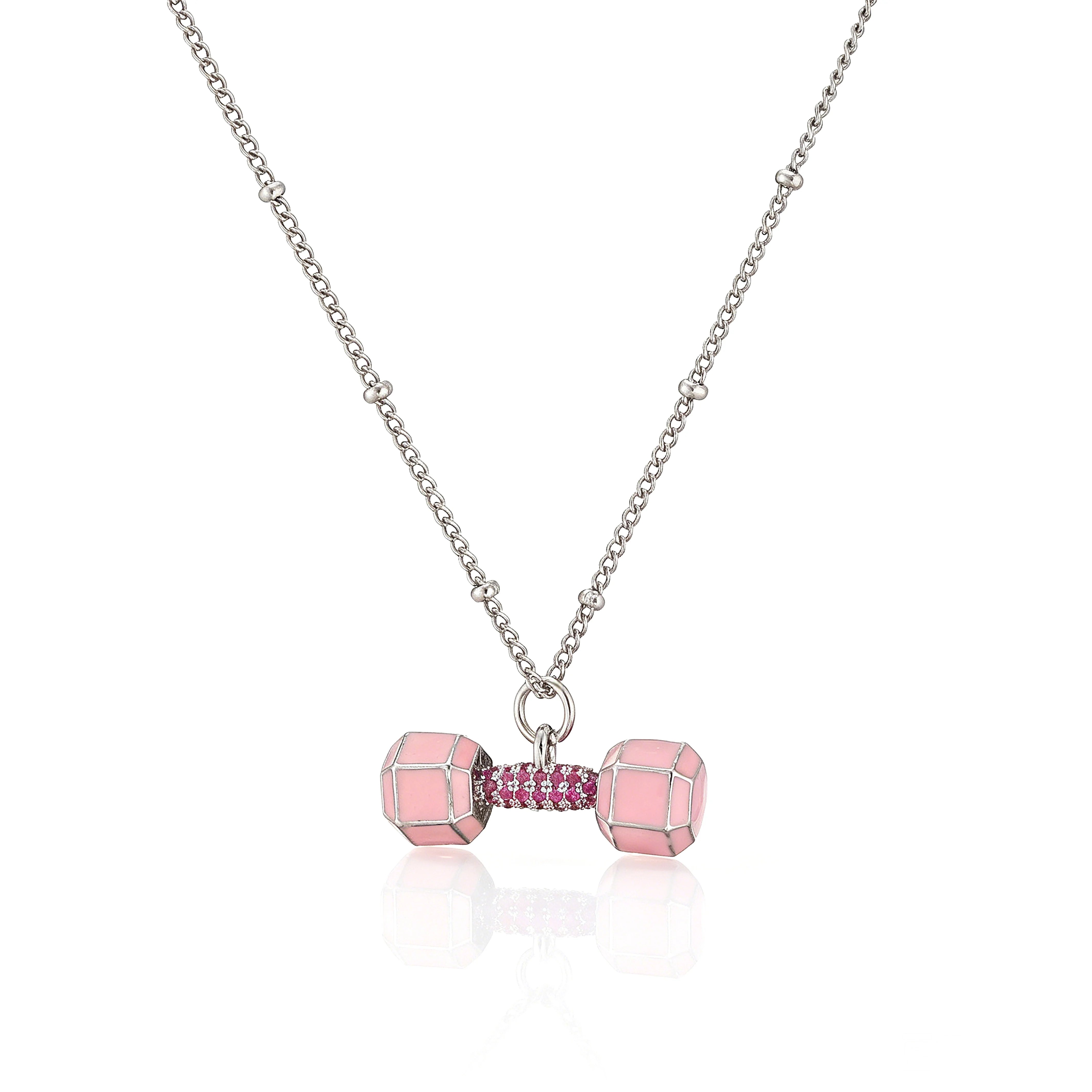 Small Dumbbell Pink Zirconia Charm Pendant Necklace Delicate Sweet Women's Jewelry Ne lifestyle view