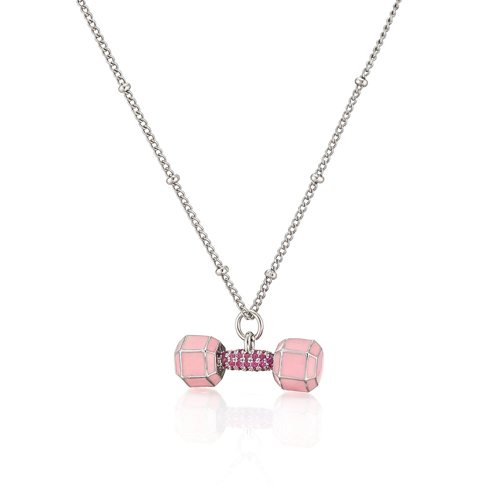 Small Dumbbell Pink Zirconia Charm Pendant Necklace Delicate Sweet Women's Jewelry Ne lifestyle view